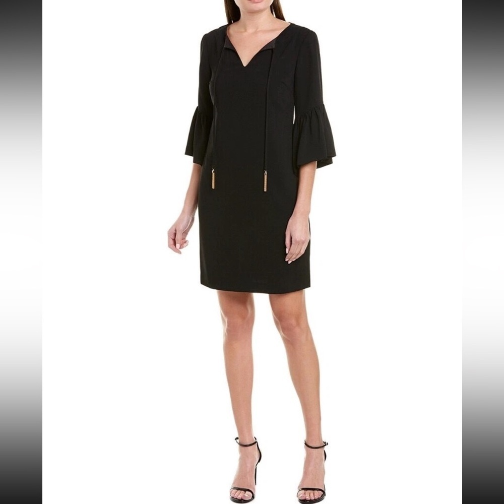 Trina Turk Black Shift Dress with Ruffle Sleeves & Gold Tassels Size XS NWOT